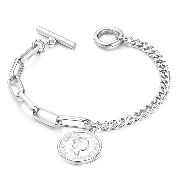 Classy Women Silver Coin & Dual Chain Bracelet-DaoMao