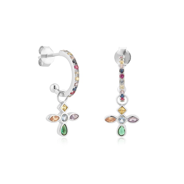 Classy Women Silver Colorful Crystal Cross C Hoop Earrings-DaoMao