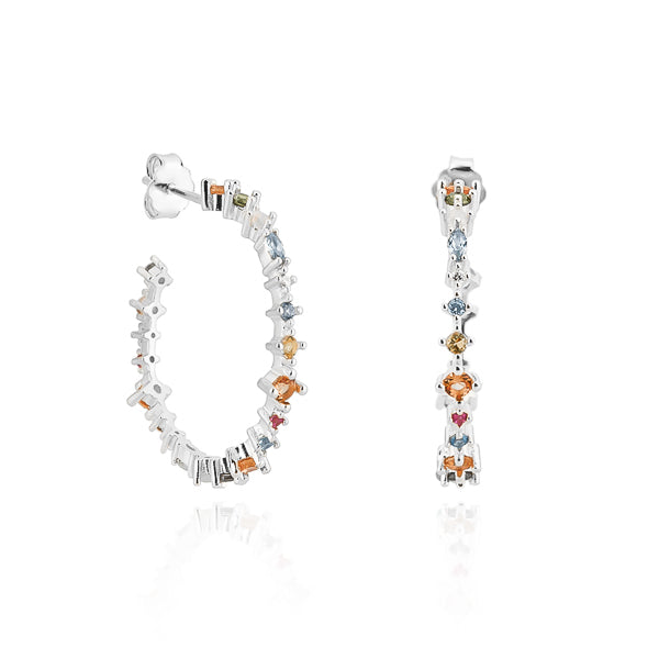 Classy Women Silver Colorful Crystal Hoop Earrings-DaoMao