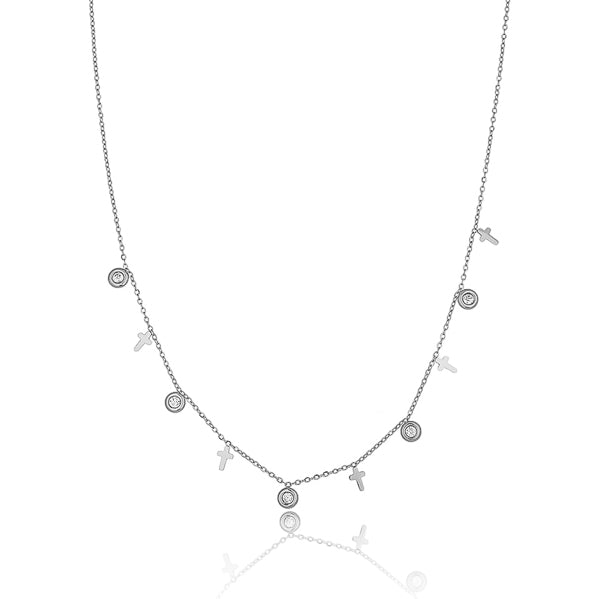 Classy Women Silver Cross & Crystal Charm Necklace-DaoMao