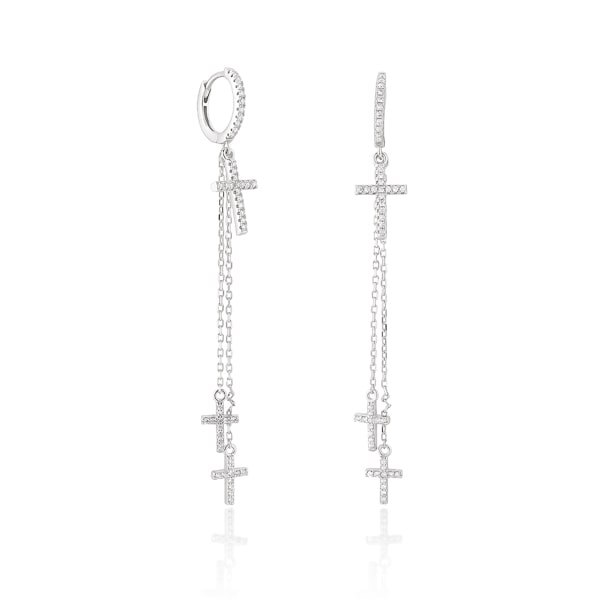 Classy Women Silver Crystal Cross Drop Chain Hoop Earrings-DaoMao