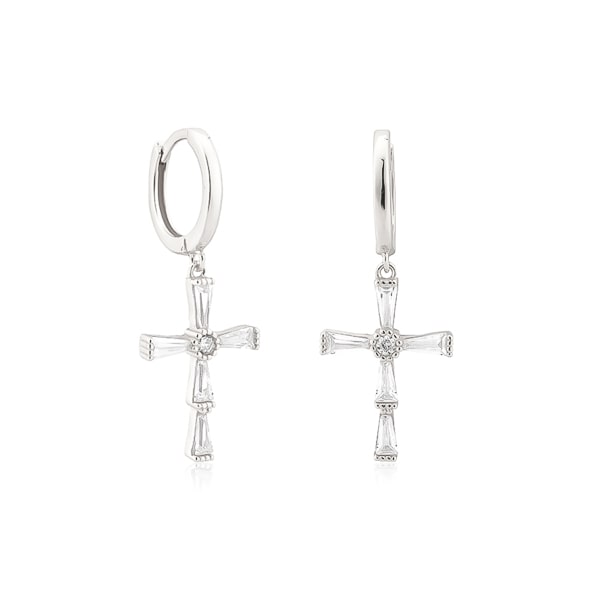 Classy Women Silver Crystal Cross Hoop Earrings-DaoMao