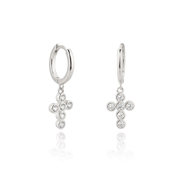 Women Silver Crystal Cross Mini Hoop Earrings-DaoMao