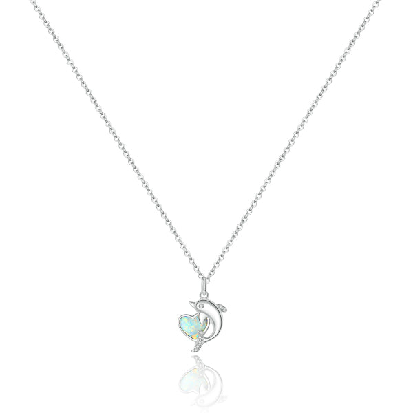 Classy Women Silver Dolphin & Opal Heart Pendant Necklace-DaoMao