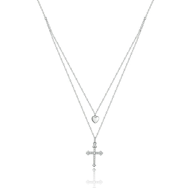 Classy Women Silver Layered Heart & Cross Necklace-DaoMao