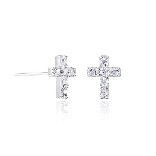 Classy Women Silver Mini Crystal Cross Stud Earrings-DaoMao