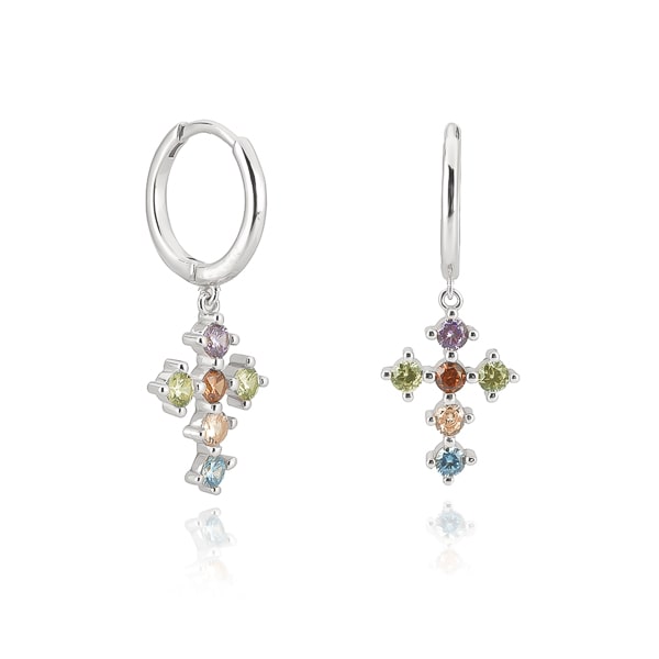 Classy Women Silver Multicolor Crystal Cross Hoop Earrings-DaoMao
