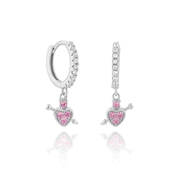 Classy Women Silver Pink Crystal Heart Drop Huggie Hoop Earrings-DaoMao