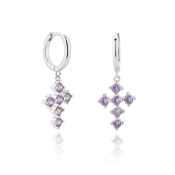Classy Women Silver Purple Crystal Cross Hoop Earrings-DaoMao