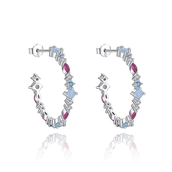 Classy Women Silver Blue & Red Crystal Open Hoop Earrings-DaoMao