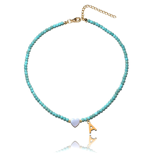 Classy Women Turquoise Beaded Initial Choker Necklace-DaoMao