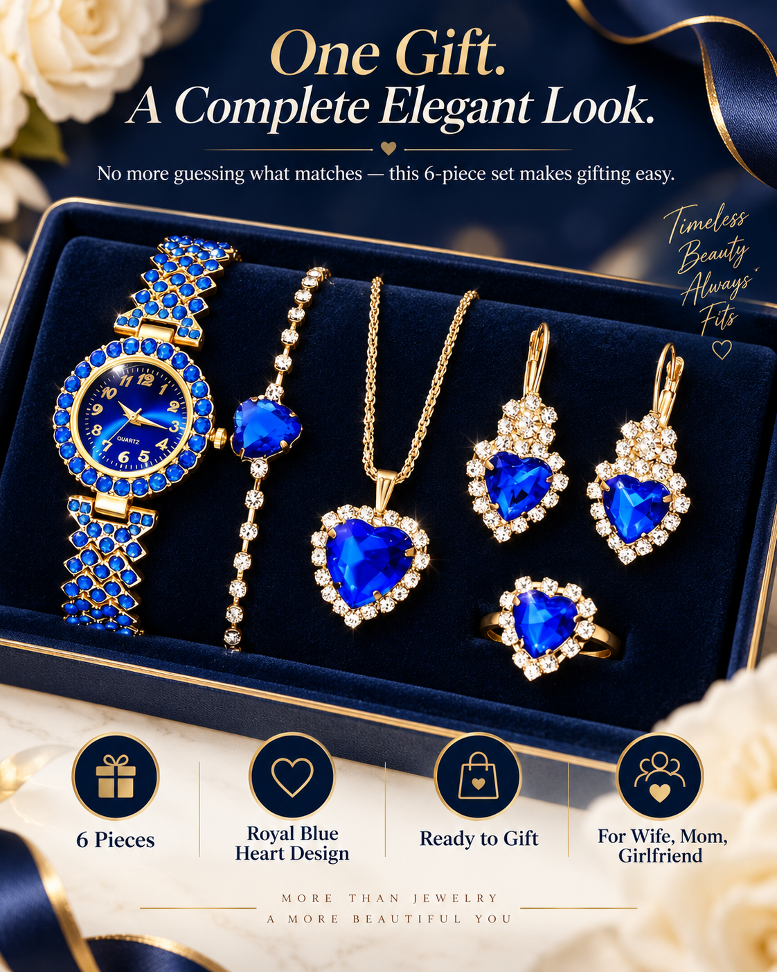 Royal Blue Heart 6-Piece Watch & Jewelry Set – Elegant Gift for Her