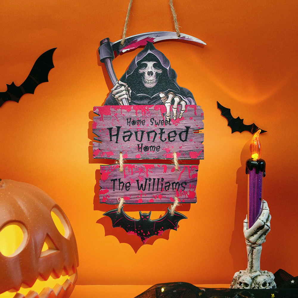 Personalized Grim Reaper Halloween Door Sign – Custom Family Name Haunted Home Decor