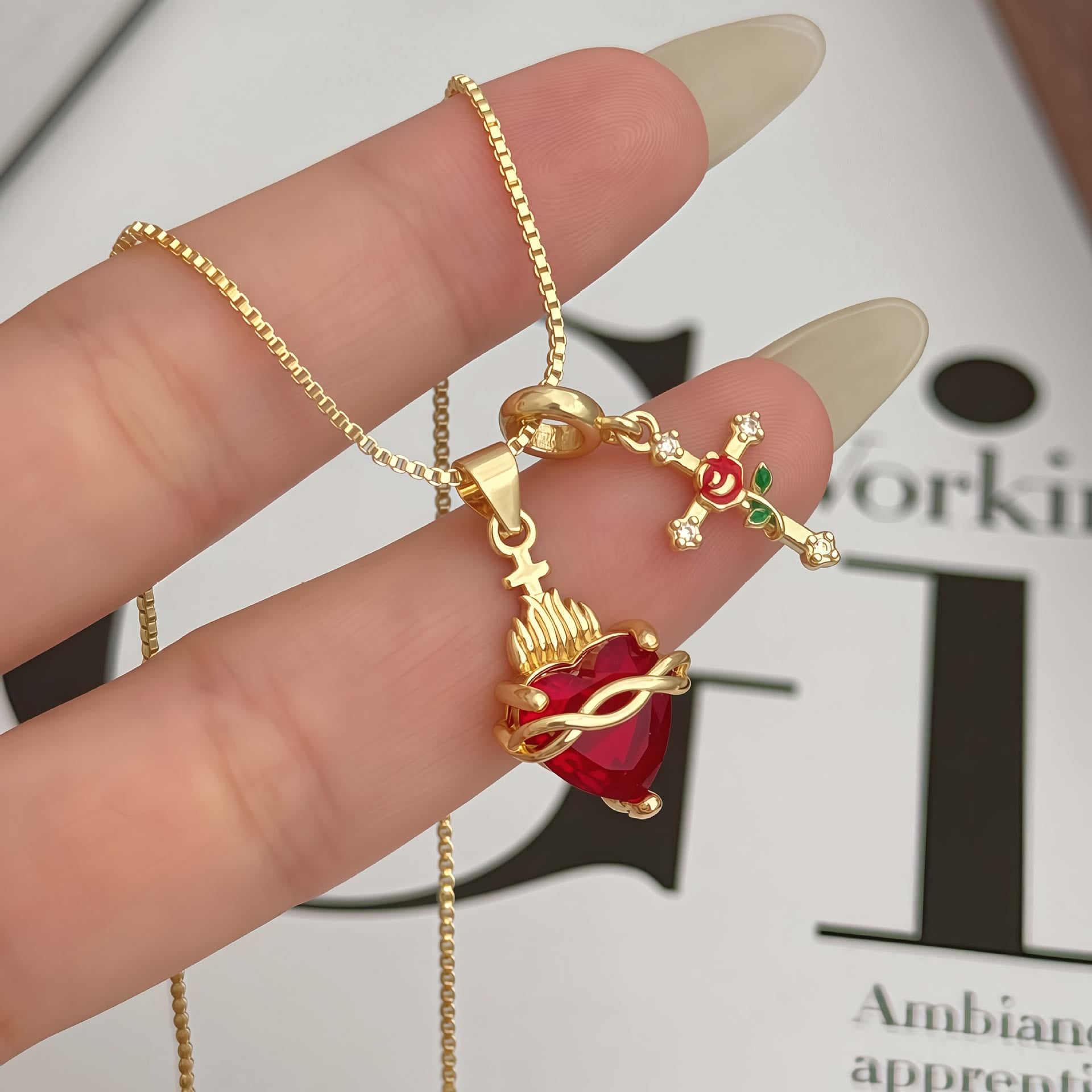 Sacred Heart & Rose Cross Pendant Necklace: 