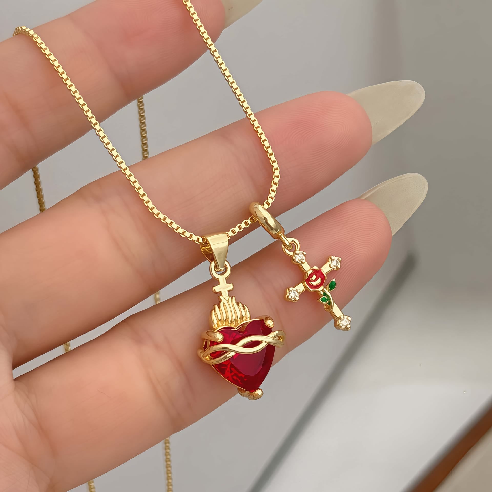 Sacred Heart & Rose Cross Pendant Necklace: 