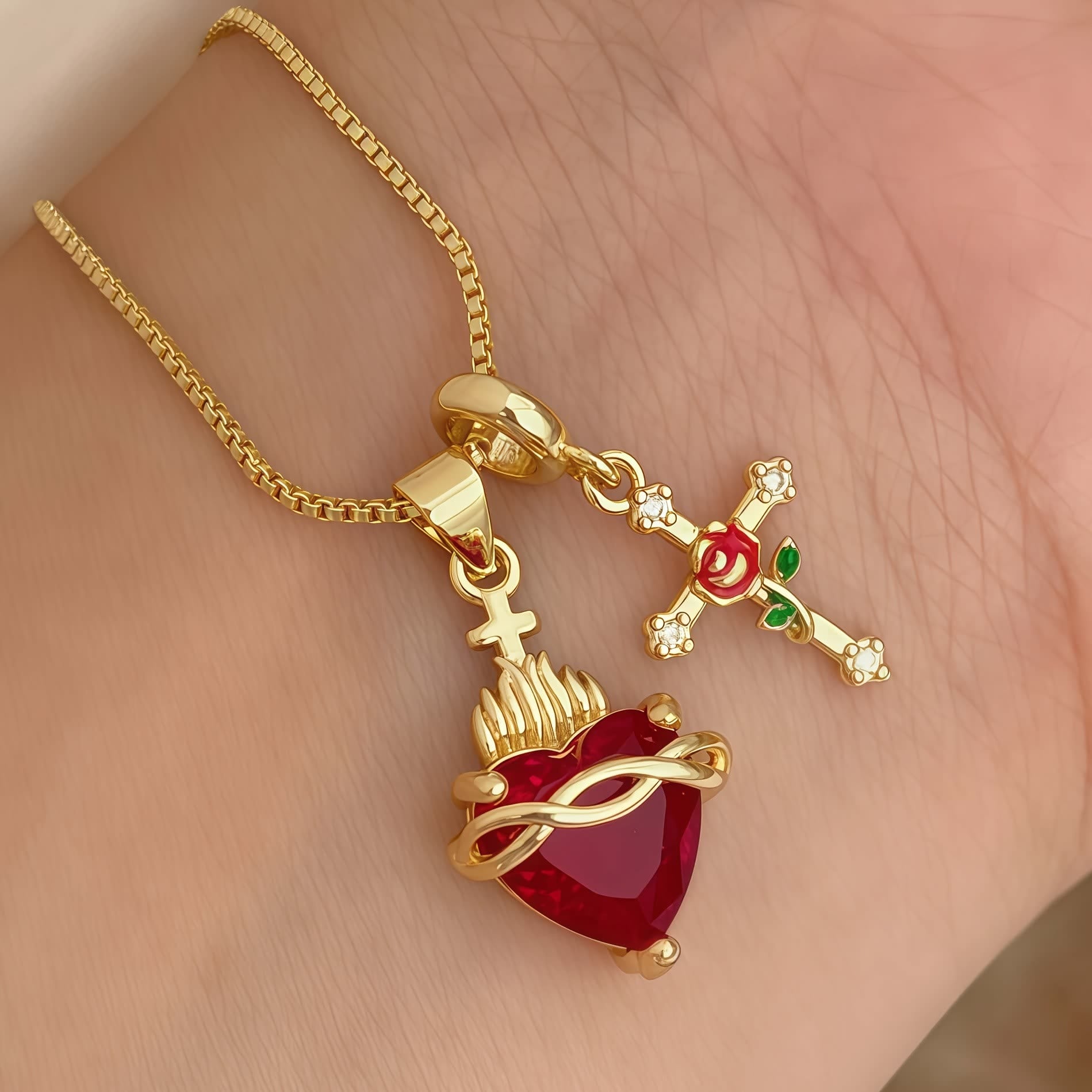 Sacred Heart & Rose Cross Pendant Necklace: 