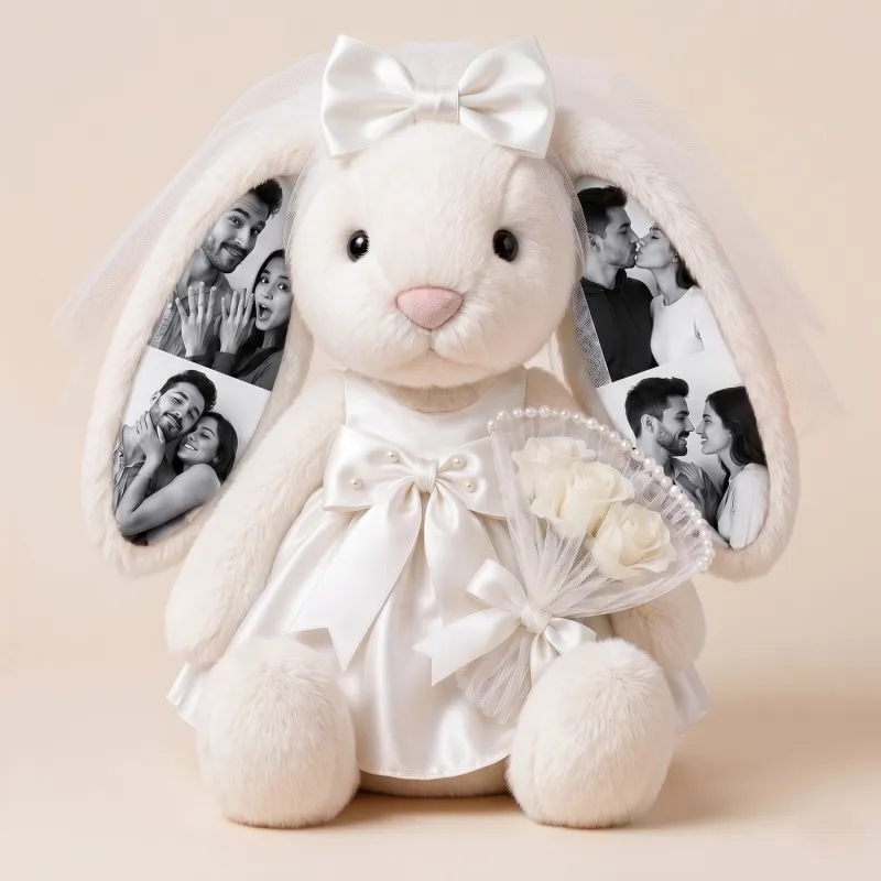 Custom Photo 40cm Wedding Bunny Plush – Personalized Bride & Groom Bunny Stuffed Animal, Anniversary Wedding Gift for Couples- mikcustom.com