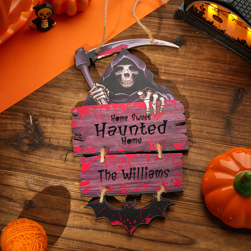 Personalized Grim Reaper Halloween Door Sign – Custom Family Name Haunted Home Decor