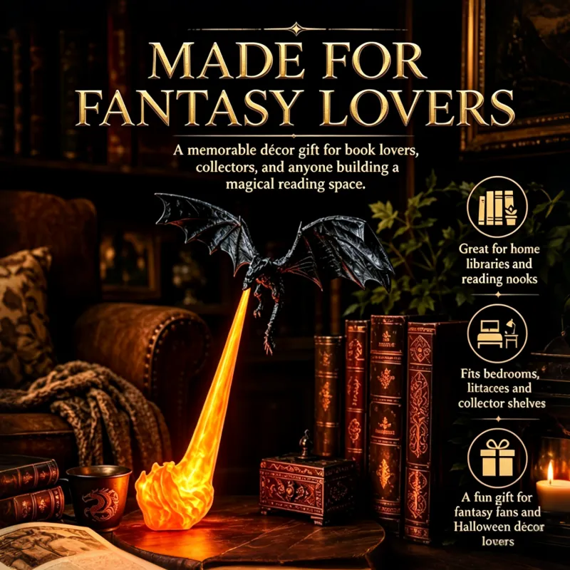 Dragon Flame Book Nook – Glowing Fantasy Bookshelf Decor
