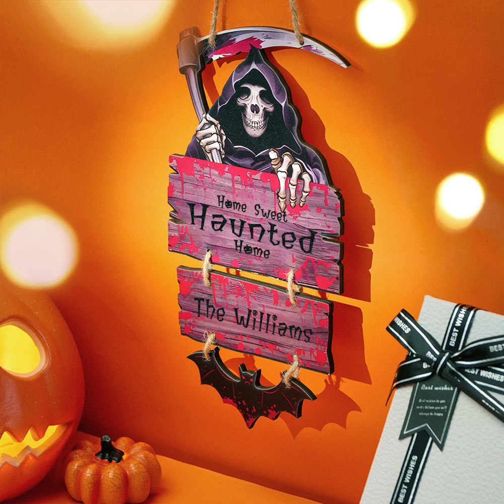 Personalized Grim Reaper Halloween Door Sign – Custom Family Name Haunted Home Decor