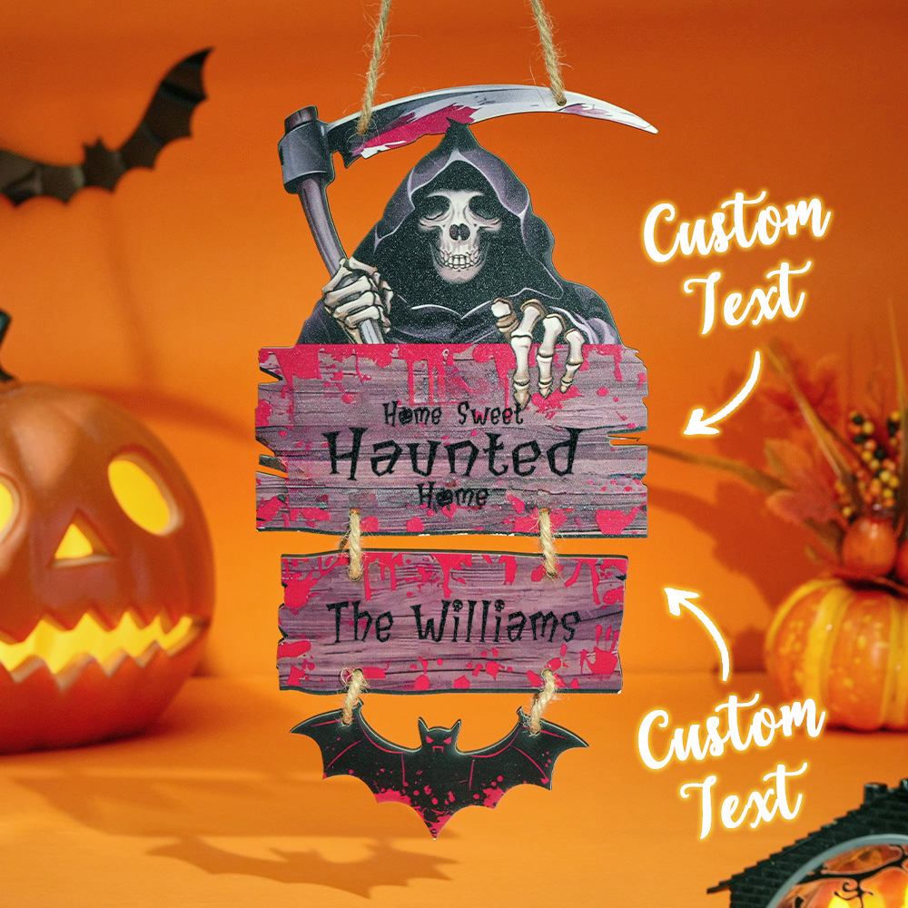Personalized Grim Reaper Halloween Door Sign – Custom Family Name Haunted Home Decor