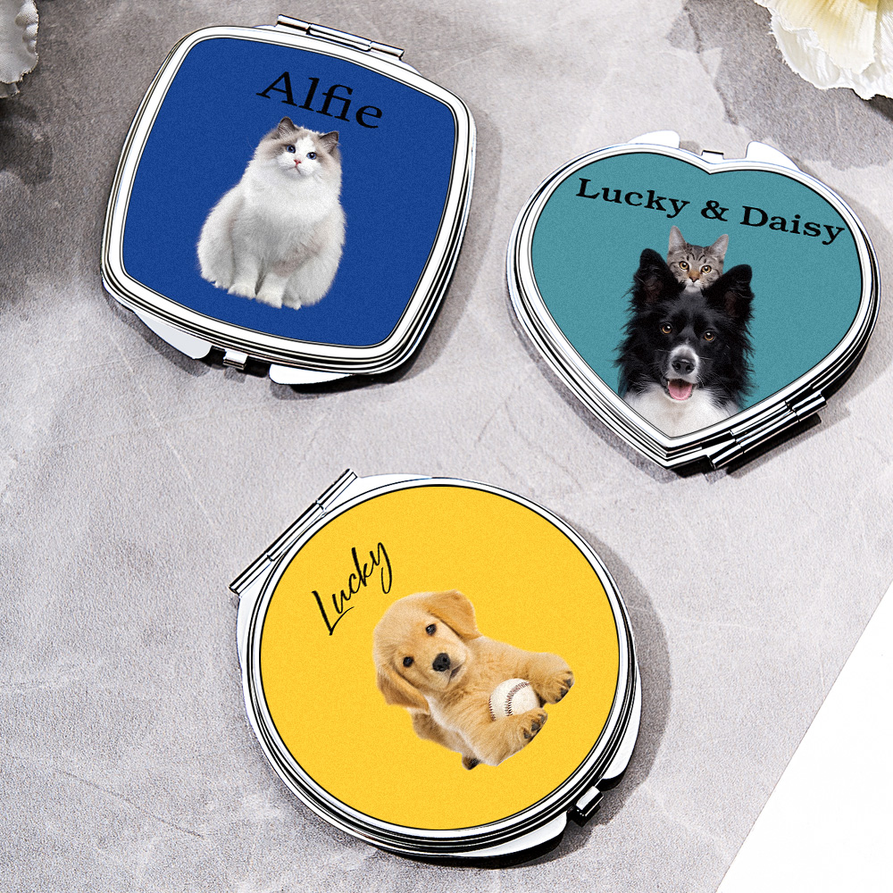 Personalized Pet Portrait Compact Portable Mirror Travel Birthday Gift for Pet Lover- mikcustom.com