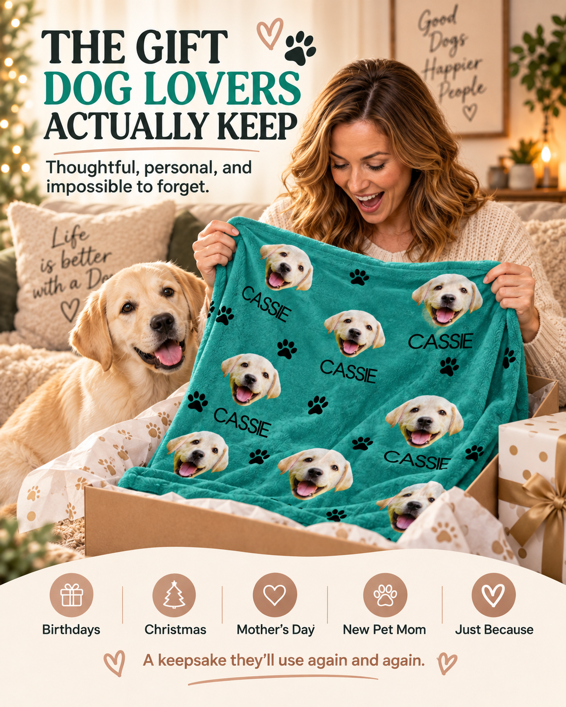 Personalized Dog Face Blanket – Custom Pet Photo & Name Throw