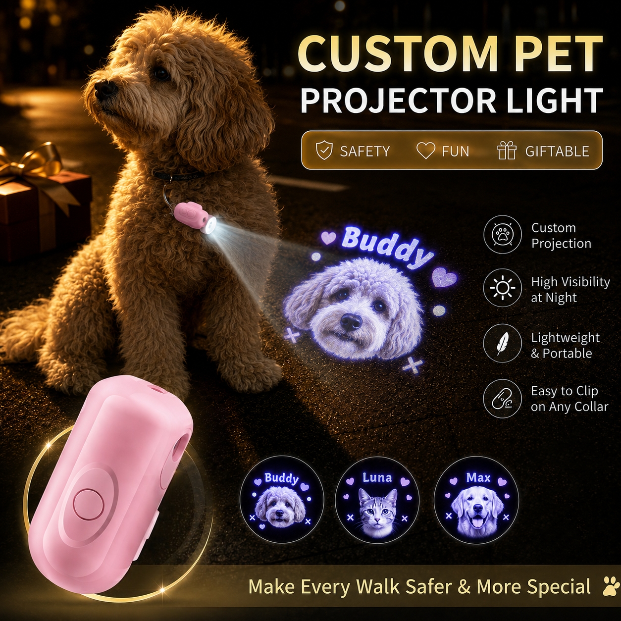 Personalized Pet Collar Projector Light – Custom Photo & Name (Collar Not Included)