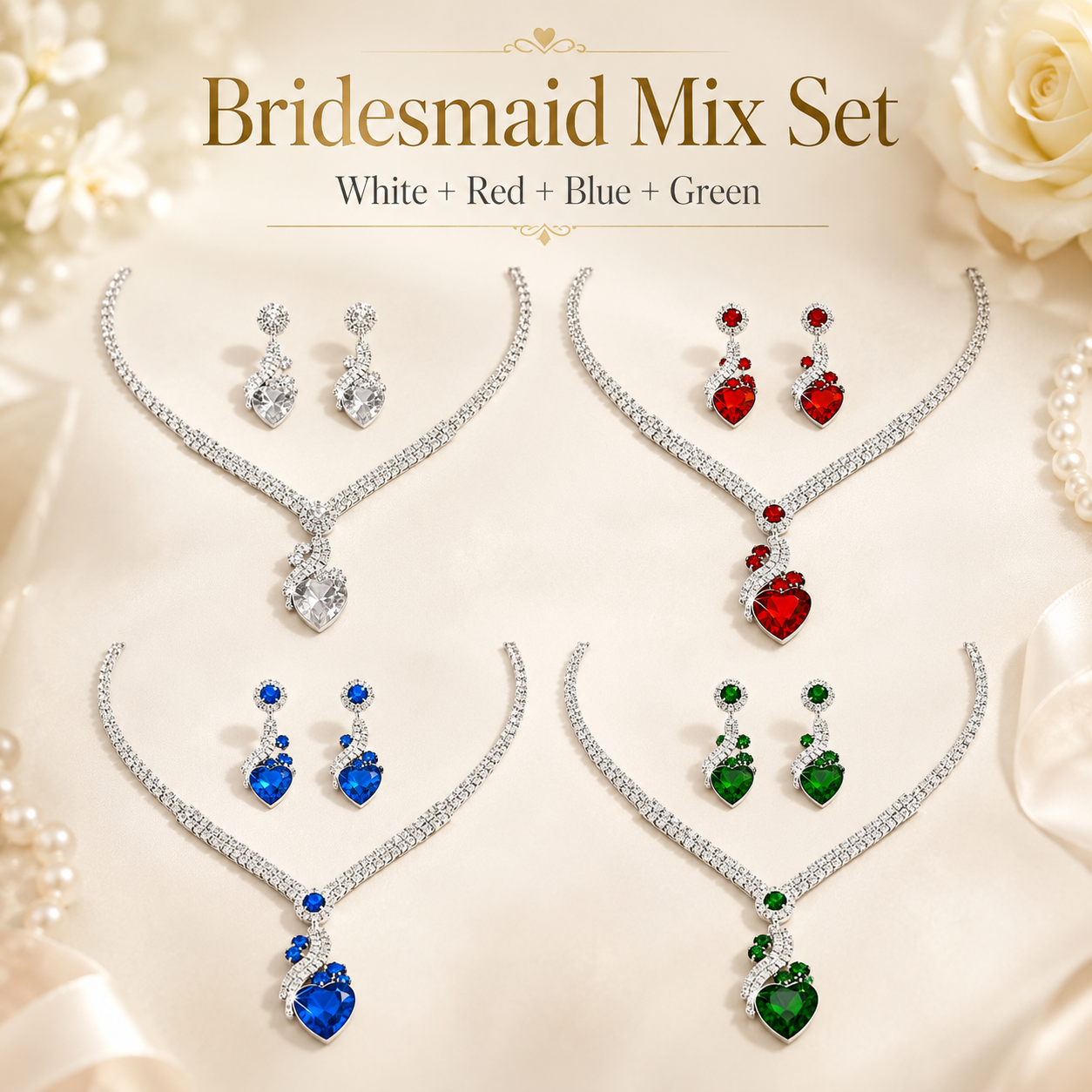 Bridal Rhinestone Heart Necklace and Earrings Set – Elegant Wedding Jewelry