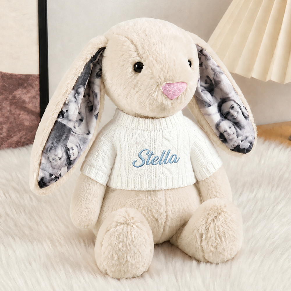Custom Ears & Sweater Custom Photo Bunny Plush with Personalized Name Embroidery Cute Anniversary Gifts- mikcustom.com