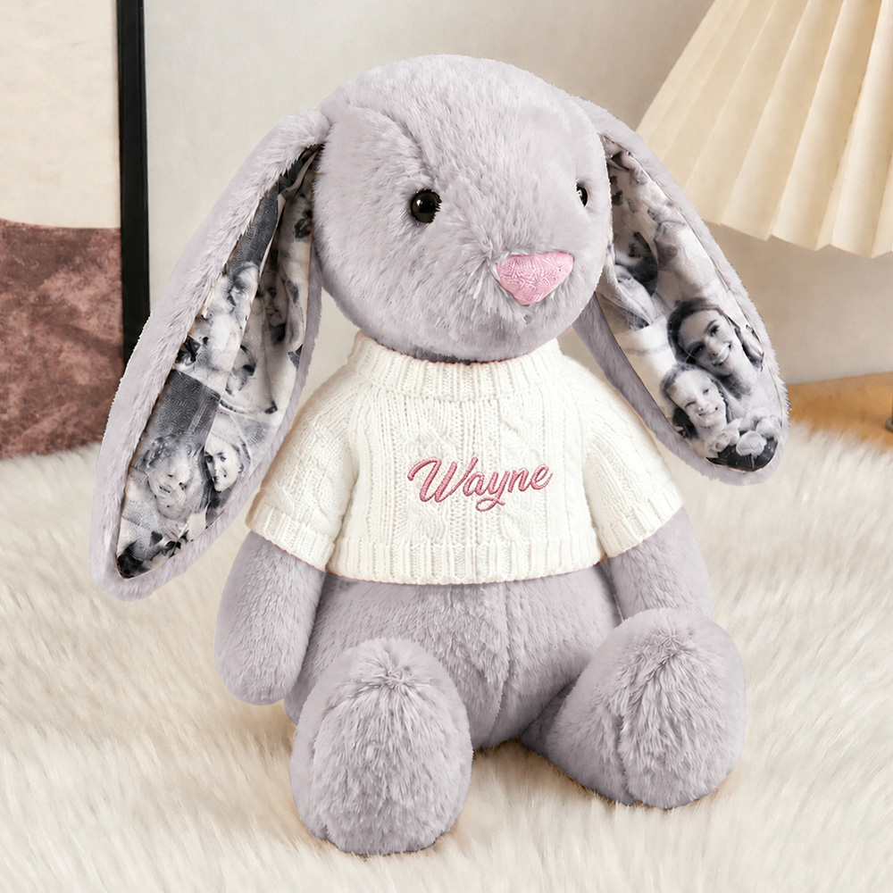 Custom Ears & Sweater Custom Photo Bunny Plush with Personalized Name Embroidery Cute Anniversary Gifts- mikcustom.com
