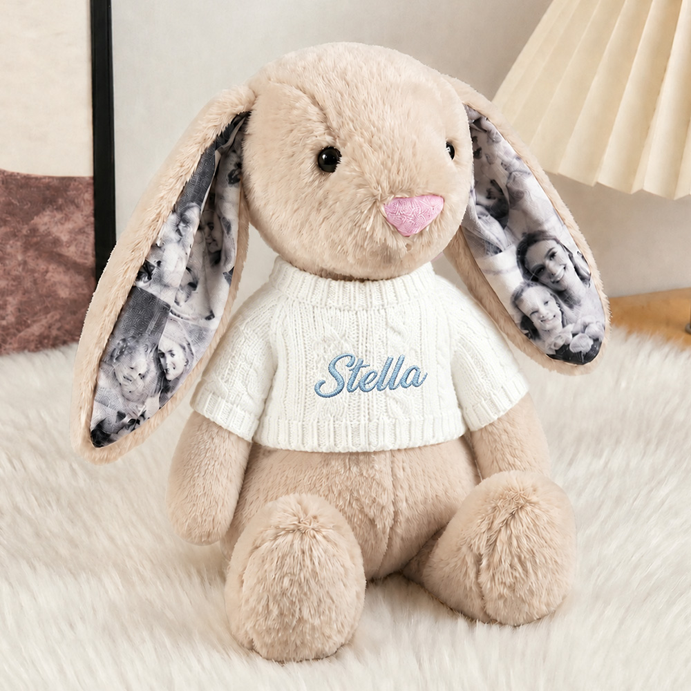 Custom Ears & Sweater Custom Photo Bunny Plush with Personalized Name Embroidery Cute Anniversary Gifts- mikcustom.com