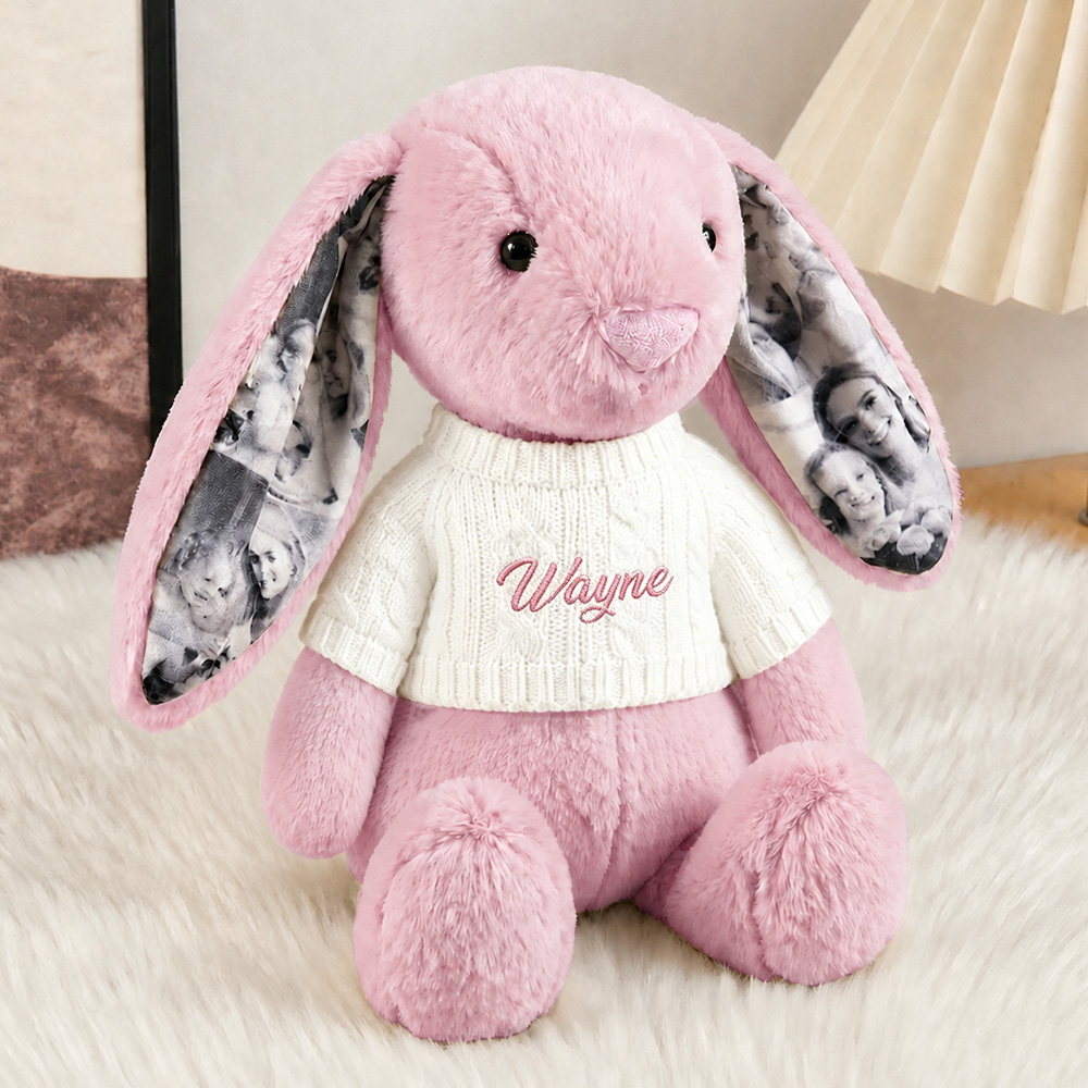 Custom Ears & Sweater Custom Photo Bunny Plush with Personalized Name Embroidery Cute Anniversary Gifts- mikcustom.com