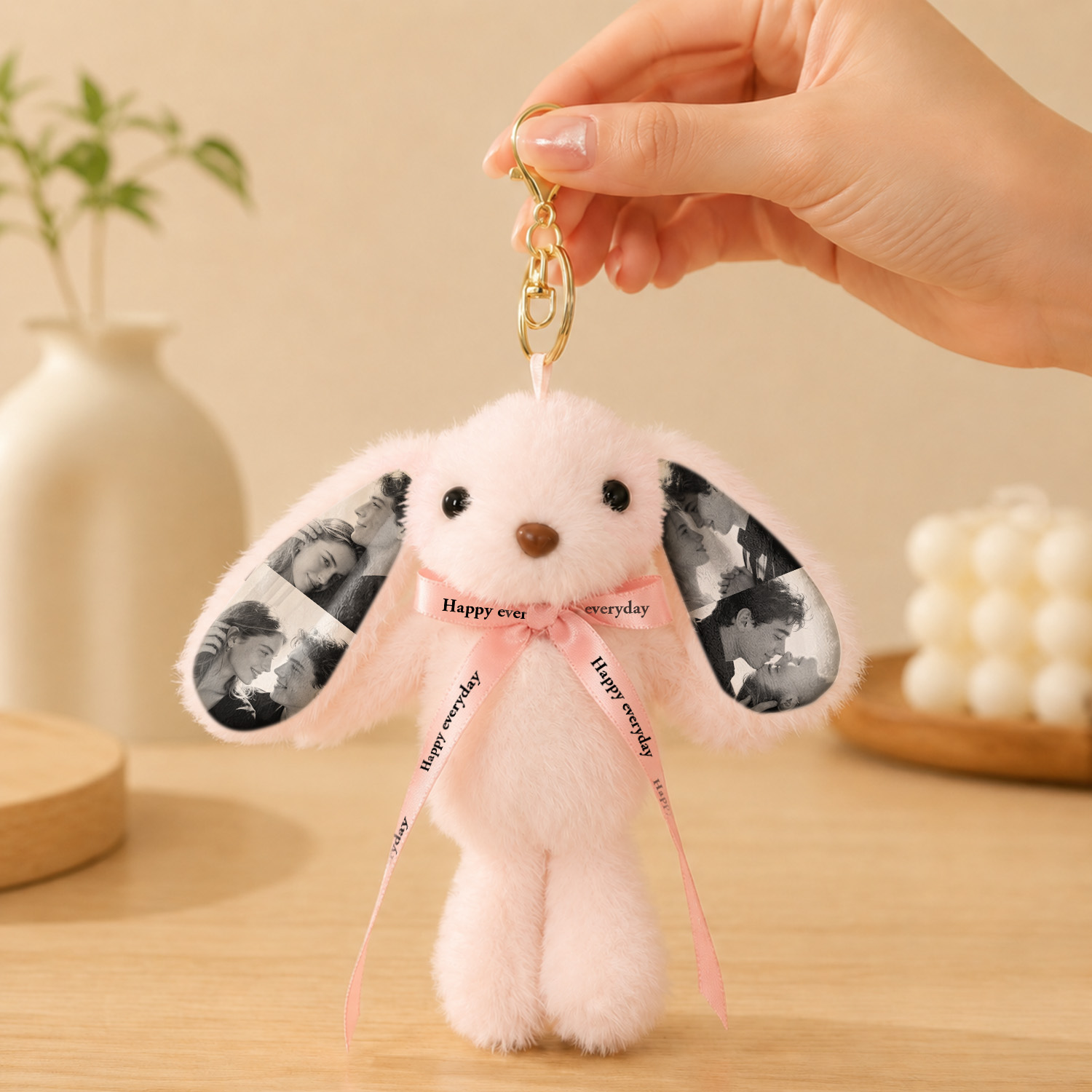 Custom Photo Bunny Plush Keychain – Personalized Cute Rabbit Bag Charm with Photo Ears & Ribbon Gift- mikcustom.com