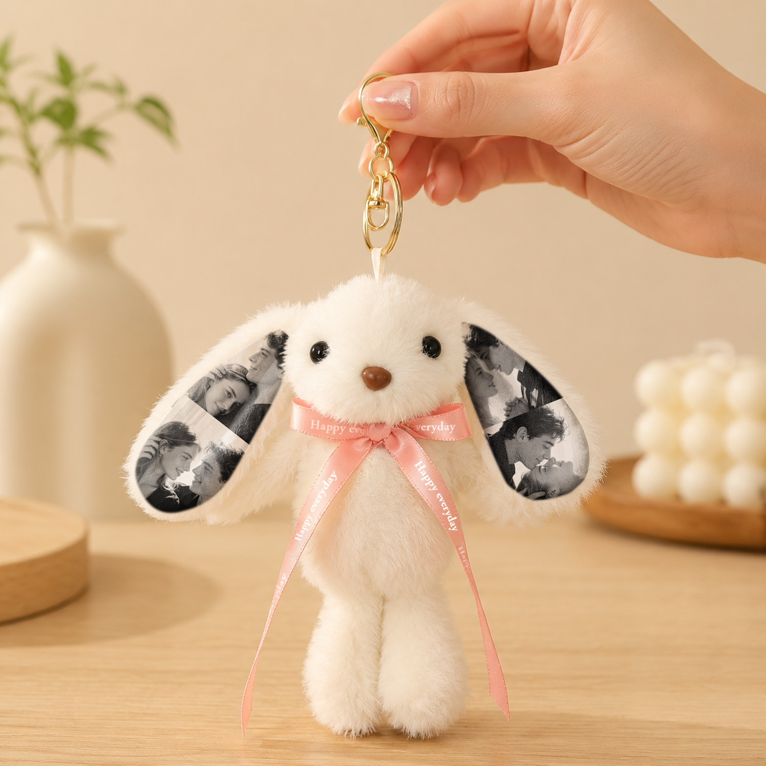 Custom Photo Bunny Plush Keychain – Personalized Cute Rabbit Bag Charm with Photo Ears & Ribbon Gift- mikcustom.com