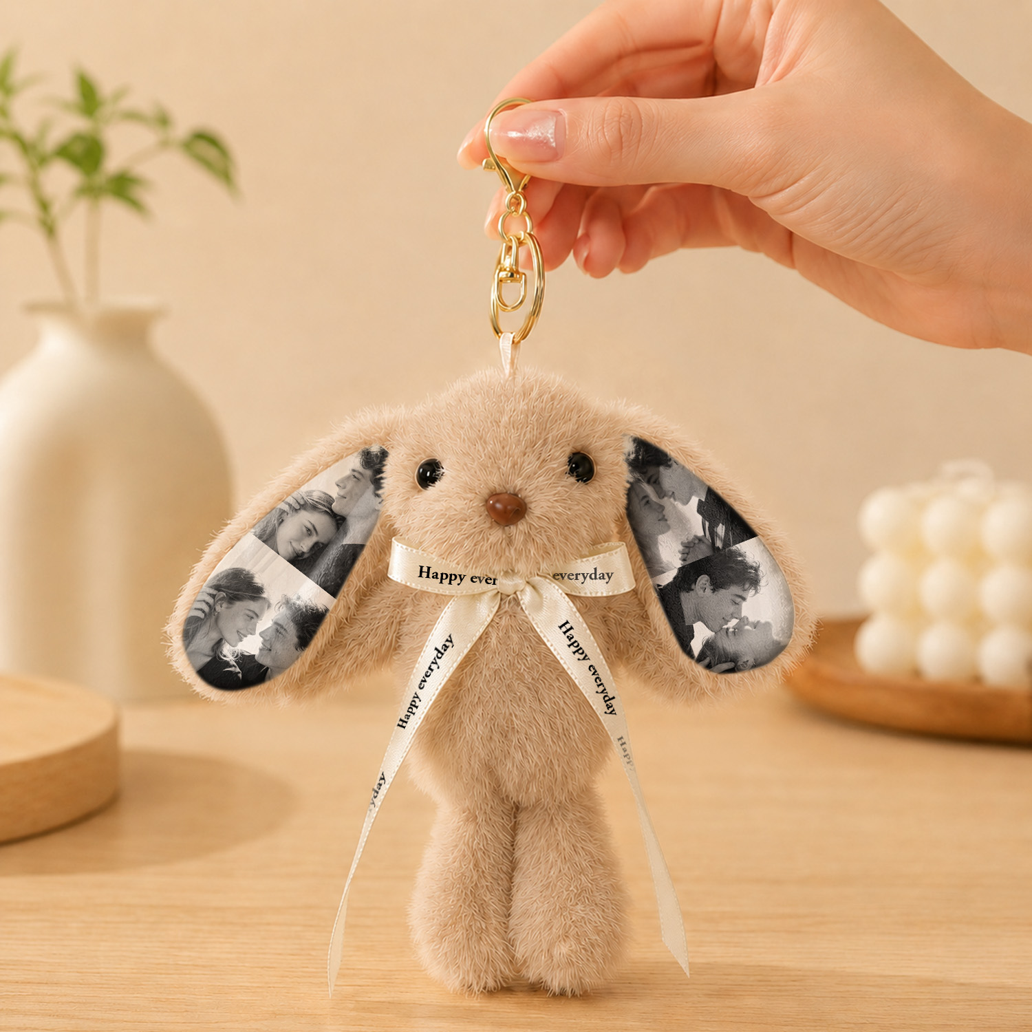 Custom Photo Bunny Plush Keychain – Personalized Cute Rabbit Bag Charm with Photo Ears & Ribbon Gift- mikcustom.com