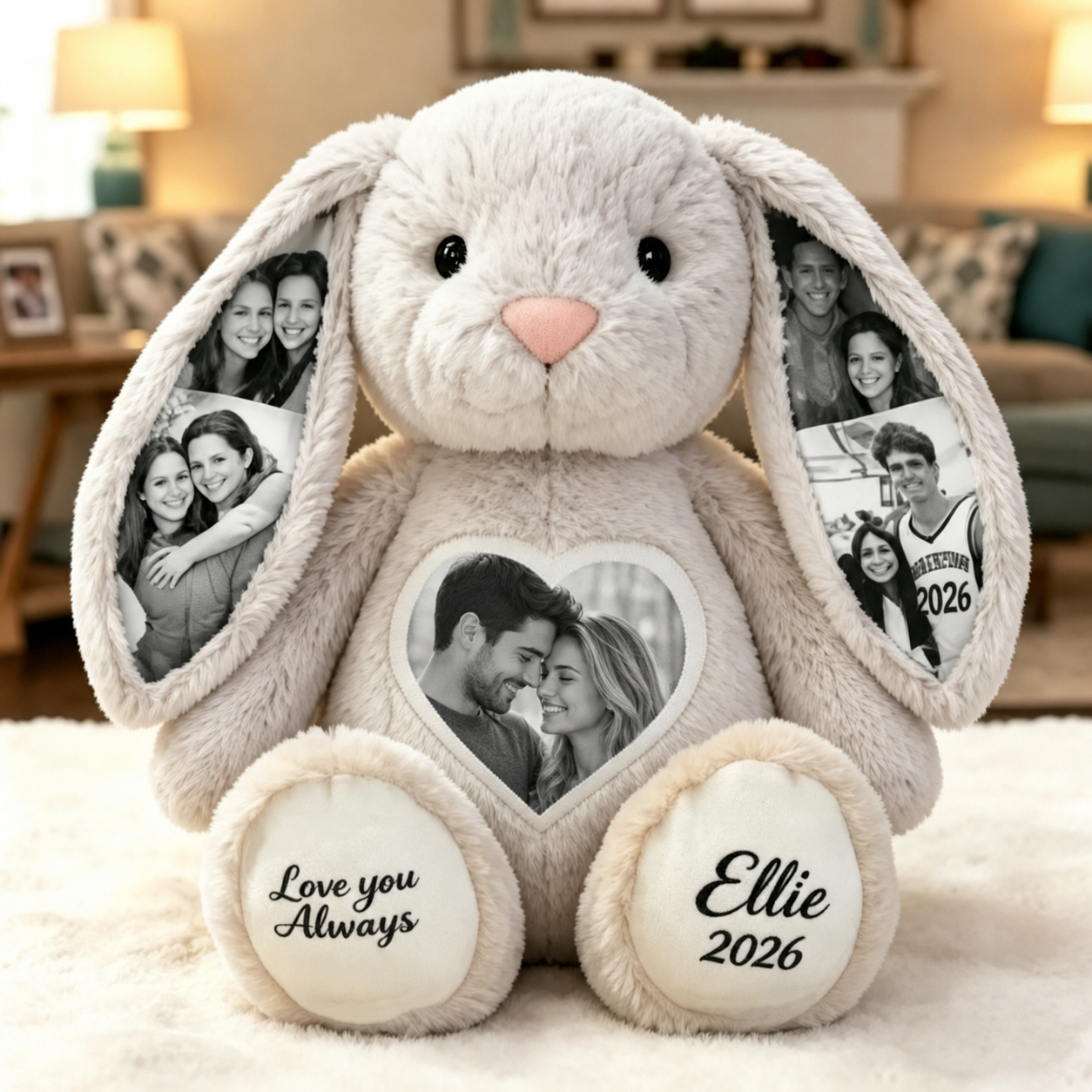 Custom Black & White Heart Photo Bunny Plush – Personalized Hidden Ear Picture Bunny Custom Text Anniversary Gift for Couples- mikcustom.com