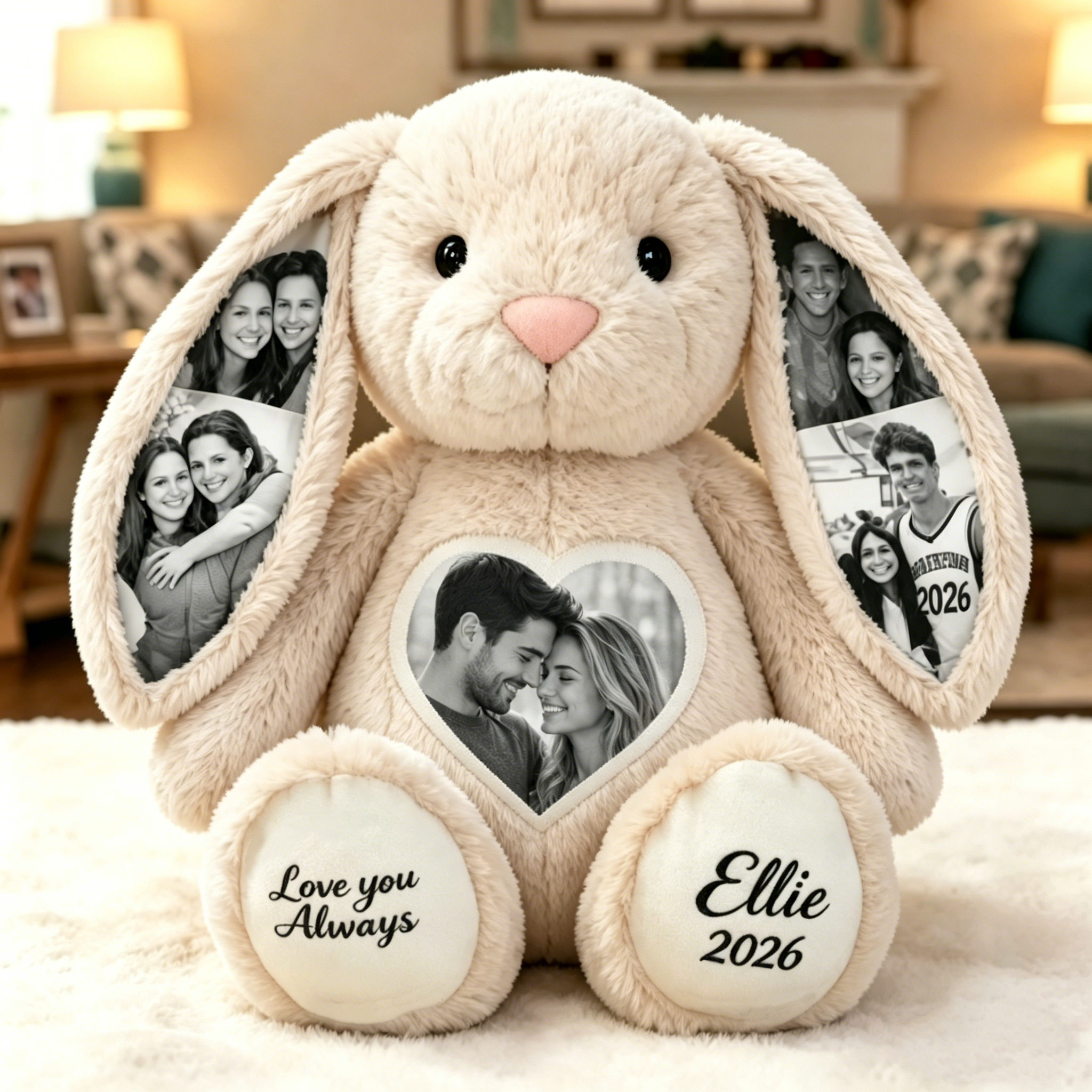Custom Black & White Heart Photo Bunny Plush – Personalized Hidden Ear Picture Bunny Custom Text Anniversary Gift for Couples- mikcustom.com