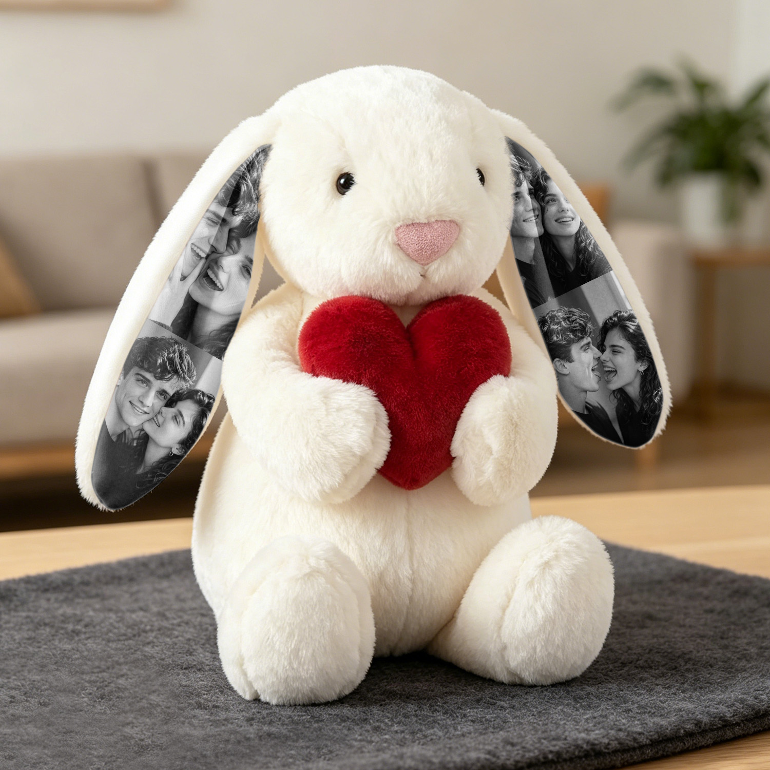 Custom Photo Red Love Heart Bunny Plush Personalized Hidden Ear Picture Bunny Gift for Couples Anniversary Gifts- mikcustom.com