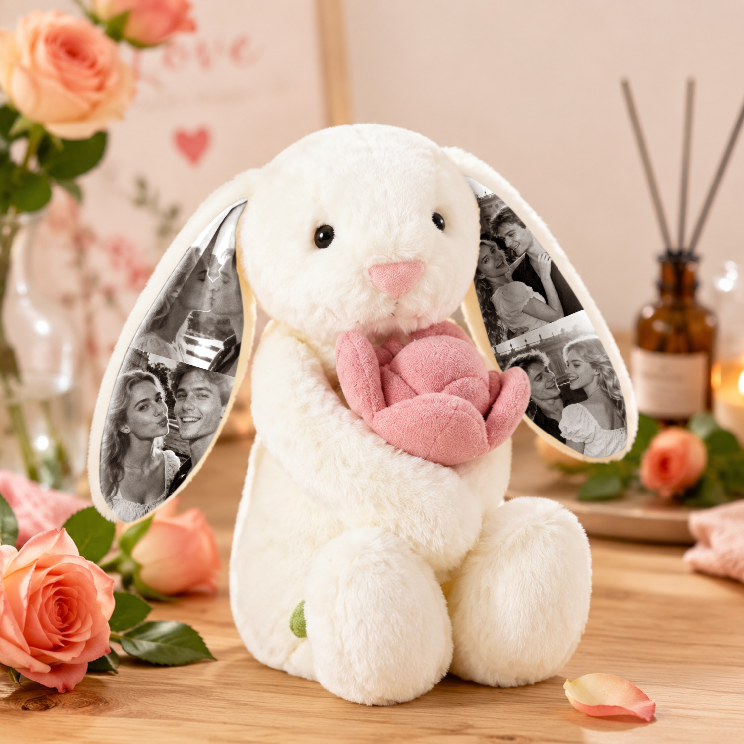 Custom Photo Pink Rose Bunny Plush Personalized Hidden Ear Picture Bunny Gift for Couples Anniversary Gifts- mikcustom.com