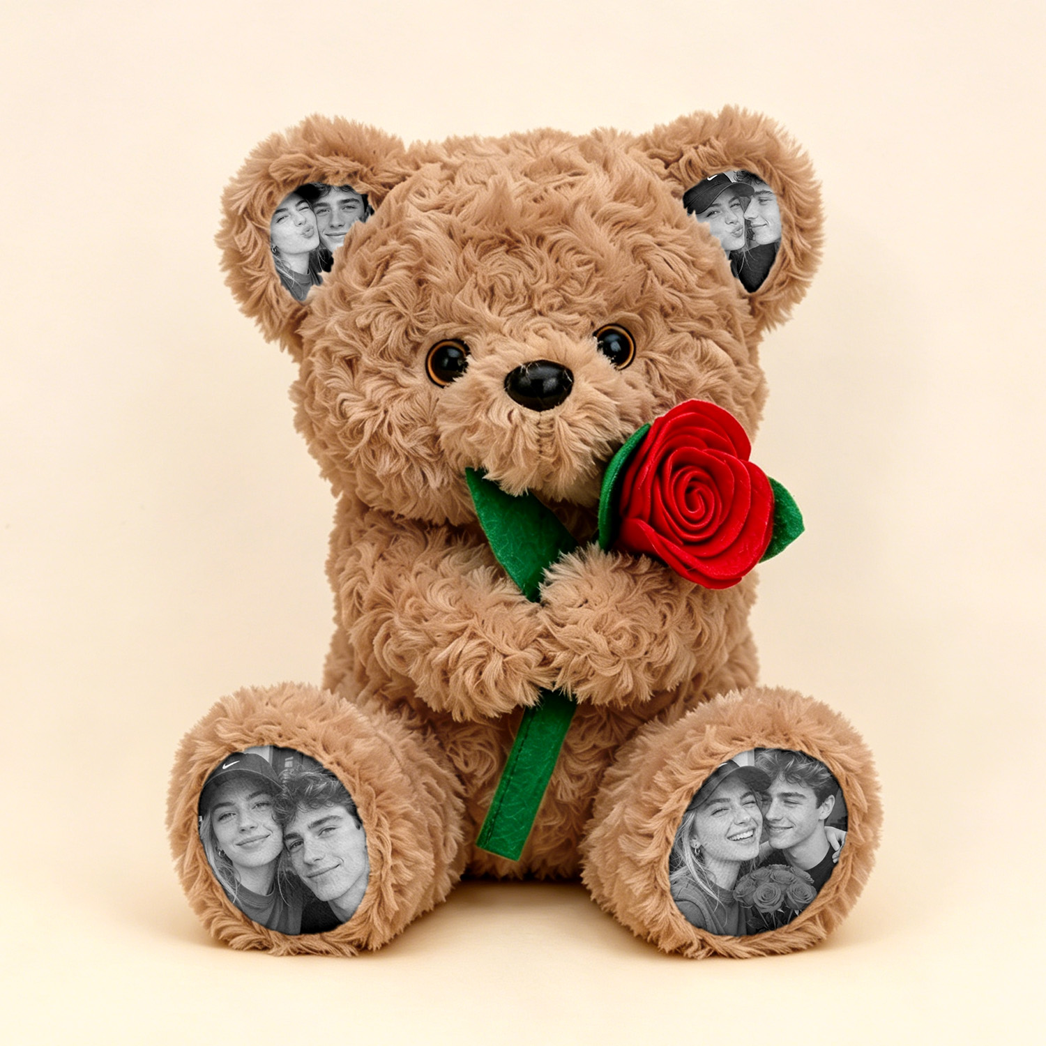 Custom Photo Teddy Bear with Rose Personalized Plush Bear with Pictures on Ears & Feet, Romantic Gift for Anniversary- mikcustom.com
