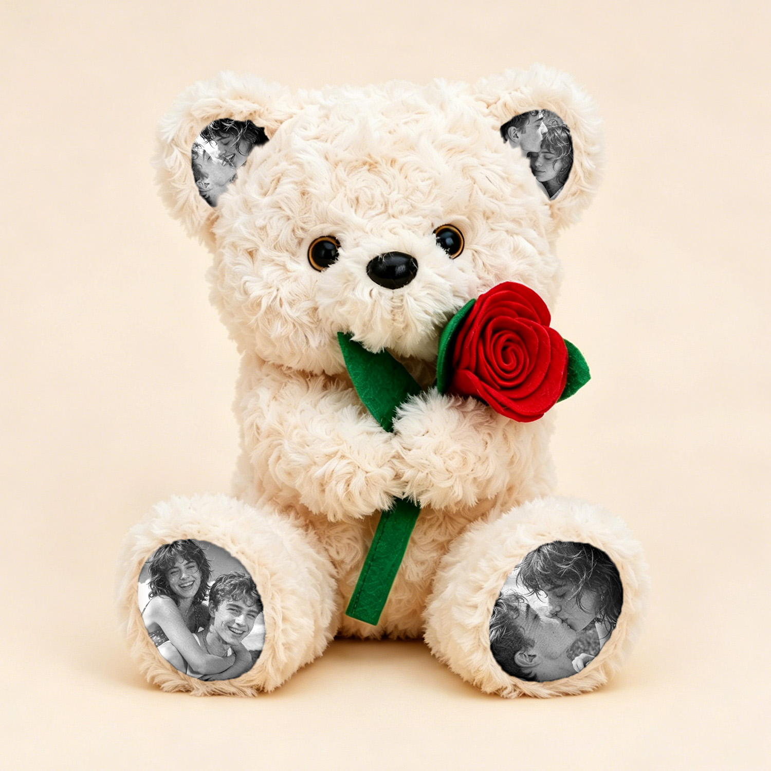 Custom Photo Teddy Bear with Rose Personalized Plush Bear with Pictures on Ears & Feet, Romantic Gift for Anniversary- mikcustom.com