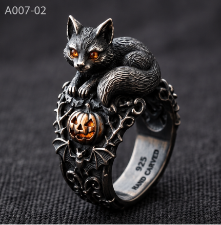 Little Fox & Pumpkin Lantern Ring – 10g Genuine 925 Sterling Silver Halloween Animal Ring for Men & Women