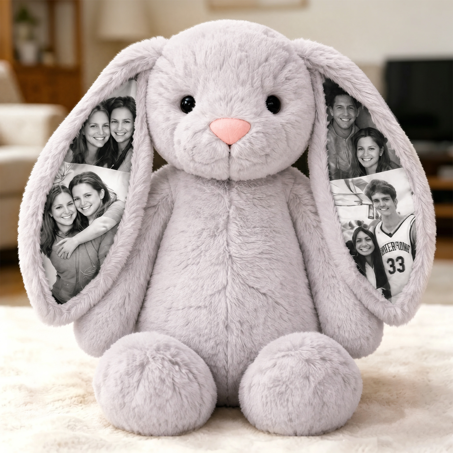 Custom Photo Bunny Plush Personalized Hidden Ear Picture Gift for Couples Anniversary Mother's Day Gifts- mikcustom.com