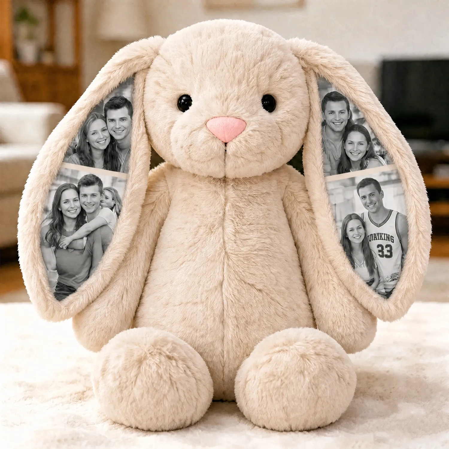 Custom Photo Bunny Plush Personalized Hidden Ear Picture Gift for Couples Anniversary Mother's Day Gifts- mikcustom.com