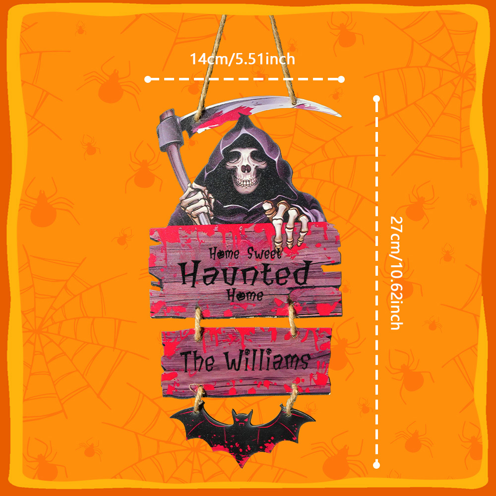 Personalized Grim Reaper Halloween Door Sign – Custom Family Name Haunted Home Decor