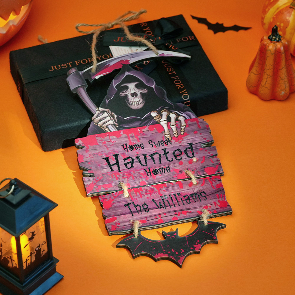 Personalized Grim Reaper Halloween Door Sign – Custom Family Name Haunted Home Decor