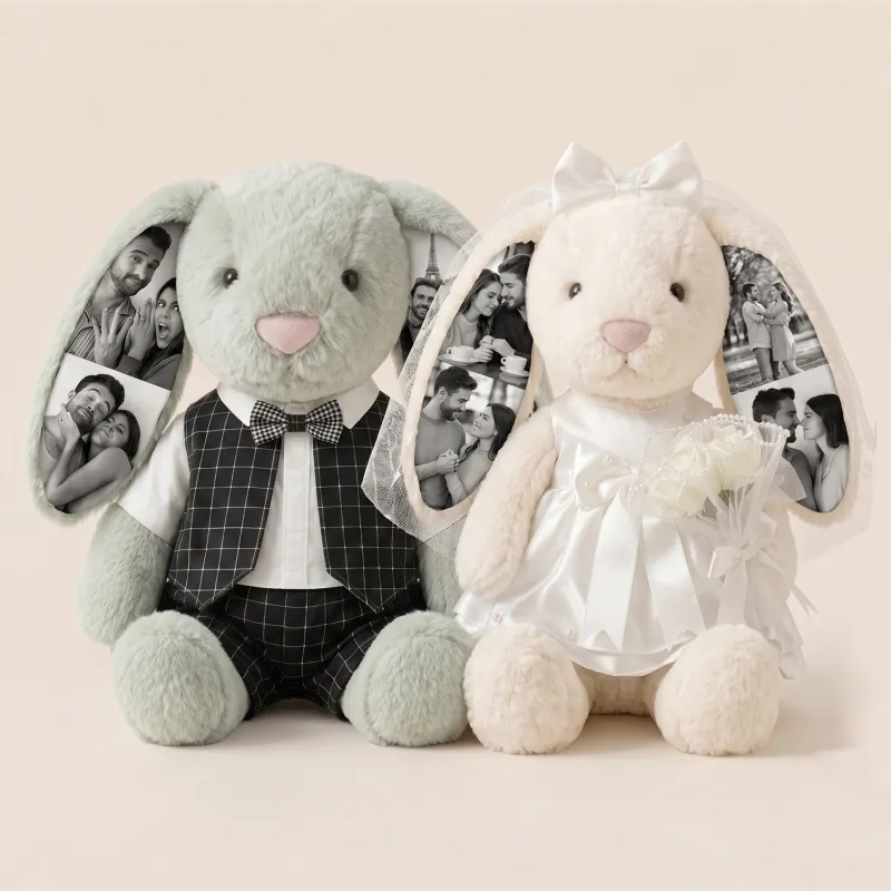 Custom Photo 40cm Wedding Bunny Plush – Personalized Bride & Groom Bunny Stuffed Animal, Anniversary Wedding Gift for Couples- mikcustom.com
