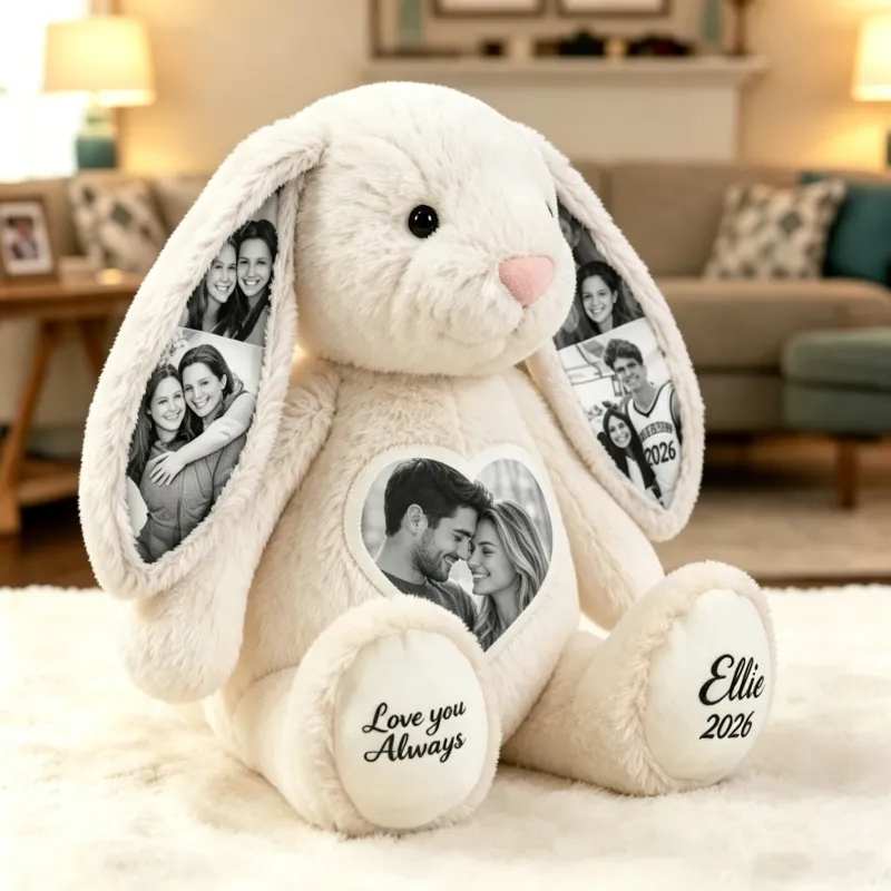 Custom Black & White Heart Photo Bunny Plush – Personalized Hidden Ear Picture Bunny Custom Text Anniversary Gift for Couples- mikcustom.com