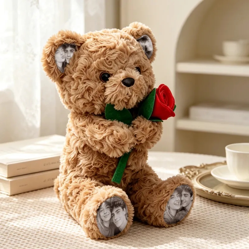 Custom Photo Teddy Bear with Rose Personalized Plush Bear with Pictures on Ears & Feet, Romantic Gift for Anniversary- mikcustom.com